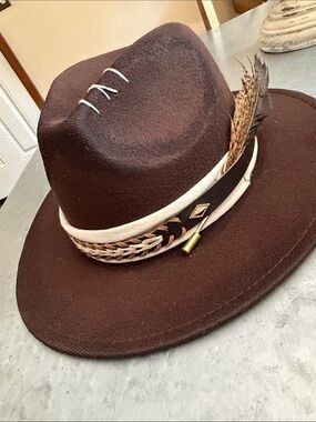 Women's Brown Felt Fedora Hat with Feather Band